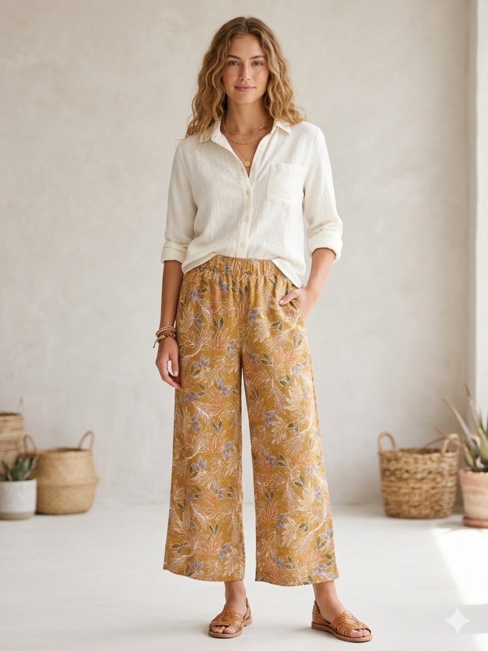 Cynthia Rowley Linen Floral Wide Leg Ankle Pants Mustard Floral Size L - Picture 2 of 14